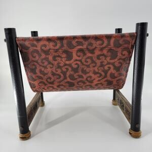 Vintage Log Holder Tan Black Embossed Tooled Leather Wood Magazine Storage